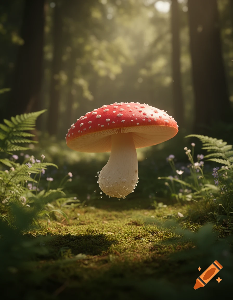 A photorealistic red and white mushroom floats above a mossy forest floor with ferns and sunlit trees.