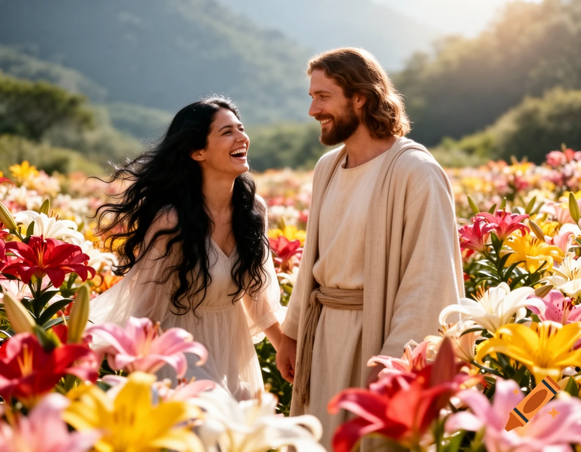 A joyful woman and a man resembling Jesus laugh in a vibrant field of colorful lilies with mountains. Photorealistic style.