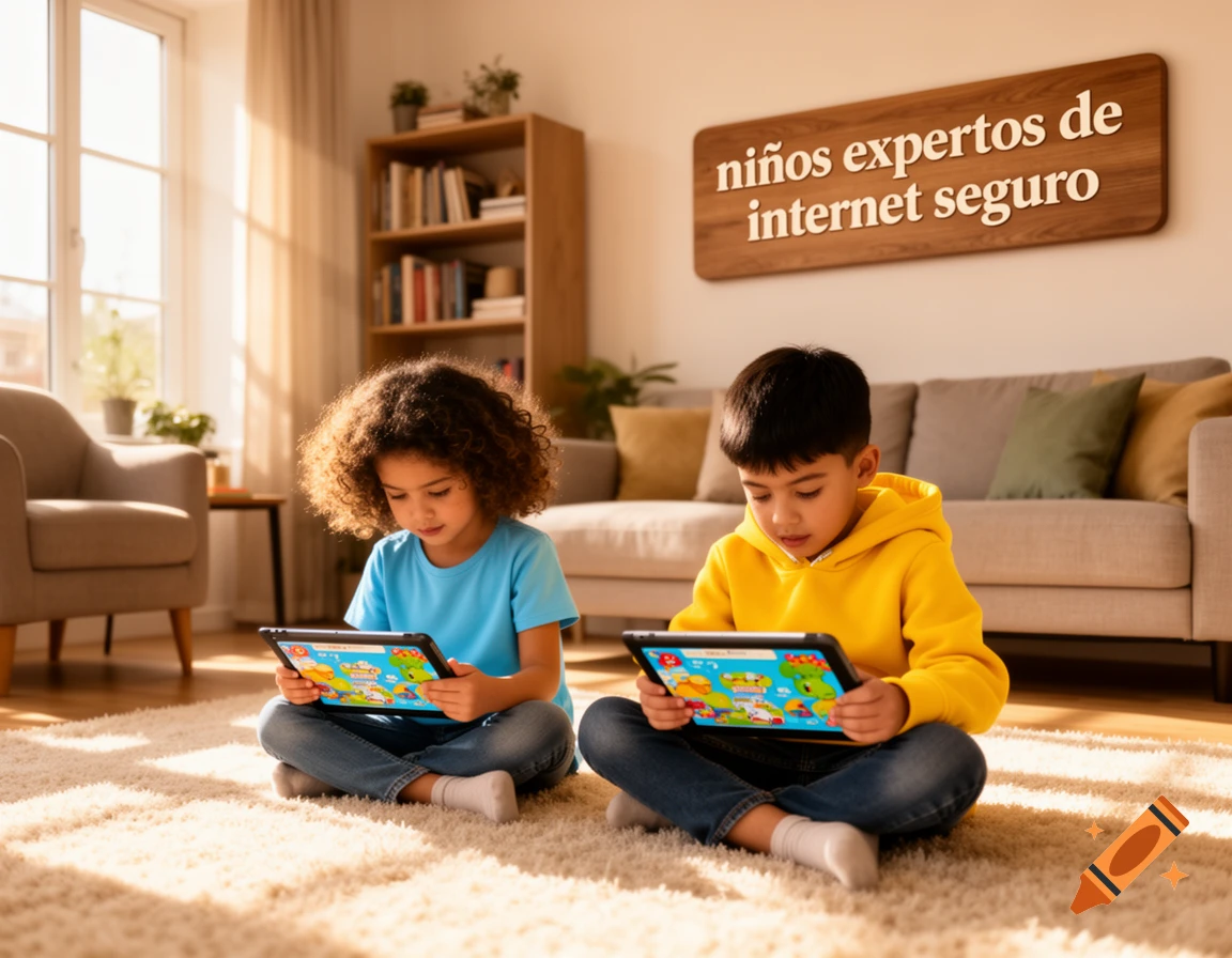 Two young children sit crisscross applesauce on a rug in a sunlit living room, intently looking at tablets. A wooden sign on the wall reads "ni nos expertos de internet seguro".