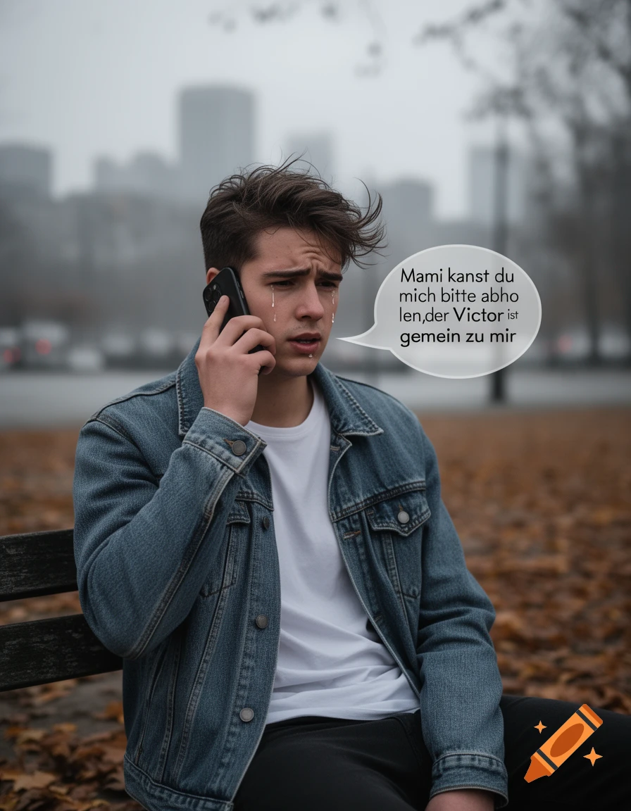 A sad young man crying, sitting on a park bench, talking on a smartphone with a speech bubble.