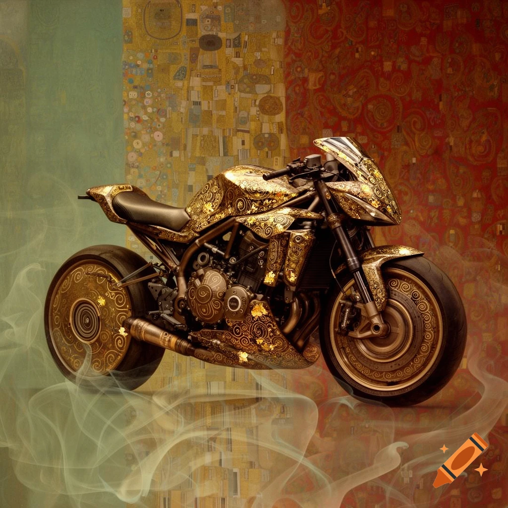 An ornate golden motorcycle decorated with swirling, Klimt-style patterns, set against a rich, abstract background.