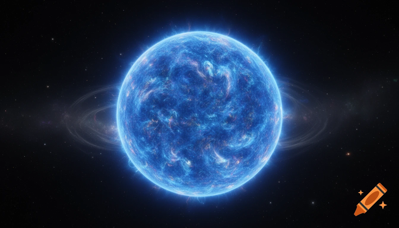 A glowing blue star with turbulent plasma on its surface against a dark, star-filled cosmic background.