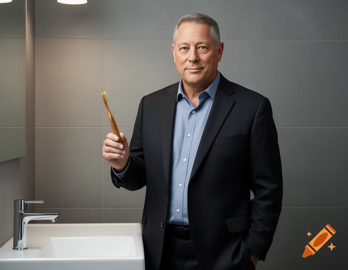 A man in a suit holds a wooden toothbrush in a modern bathroom next to a sink.