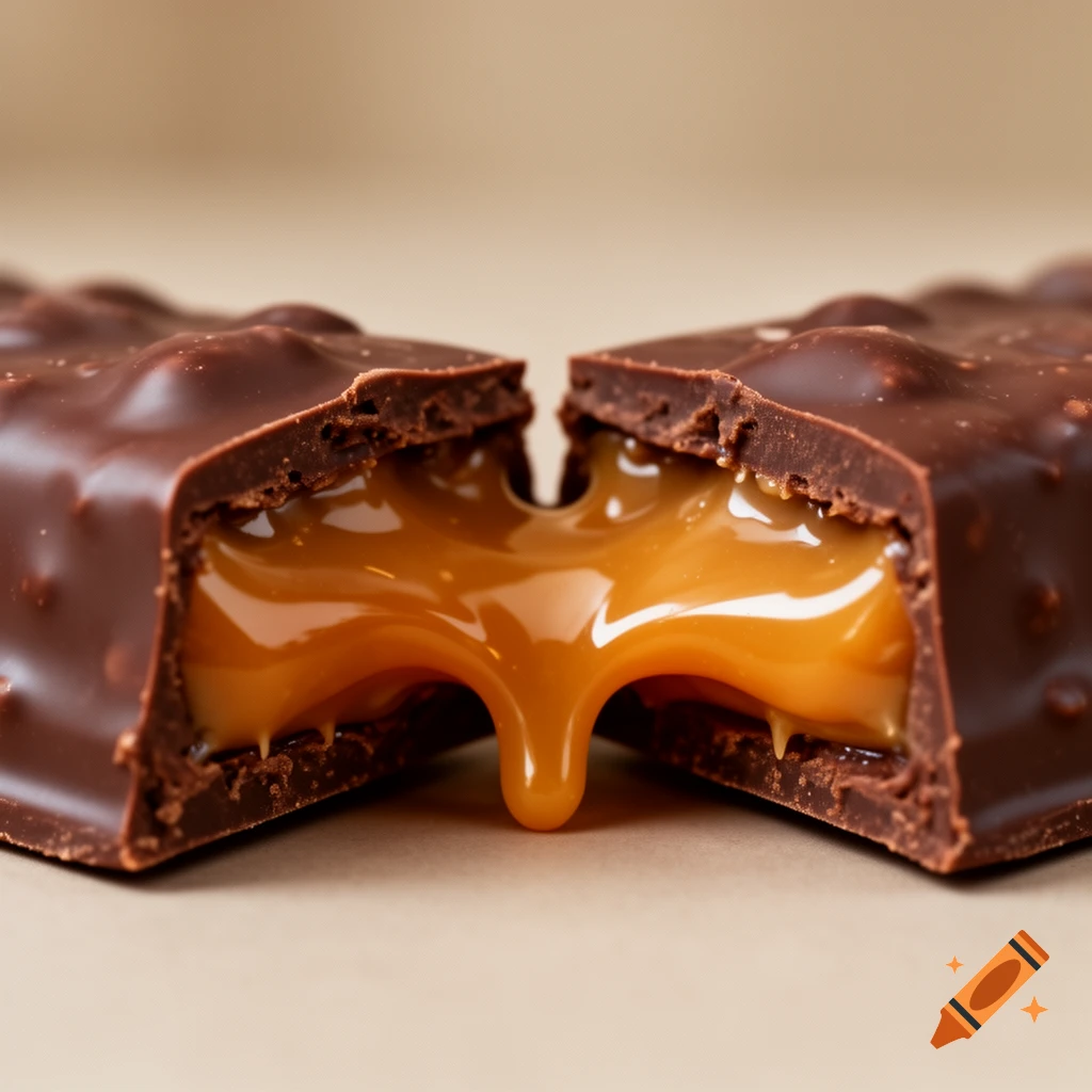 Close-up of a chocolate bar split in half, revealing gooey caramel oozing from the center, on a beige background.