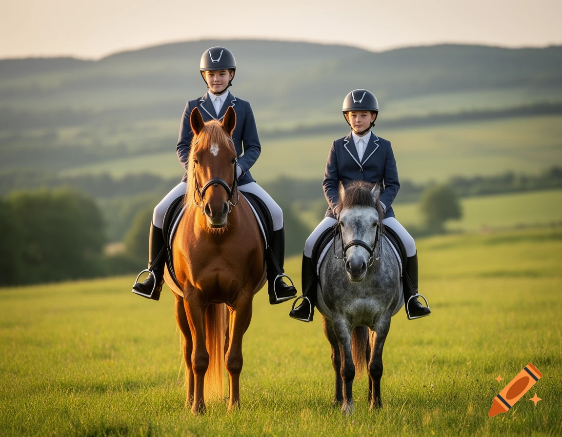 Two young riders in equestrian gear sit on a brown horse and a grey pony in a sunny green field with rolling hills.