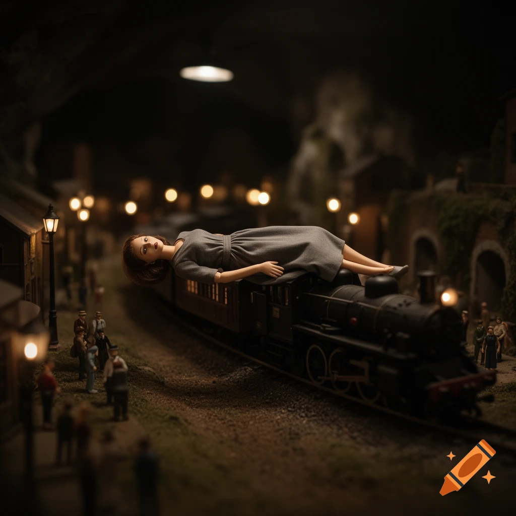 A doll in a grey dress lies face up on the front of a miniature steam train in a dark, diorama-like scene with tiny people and buildings.