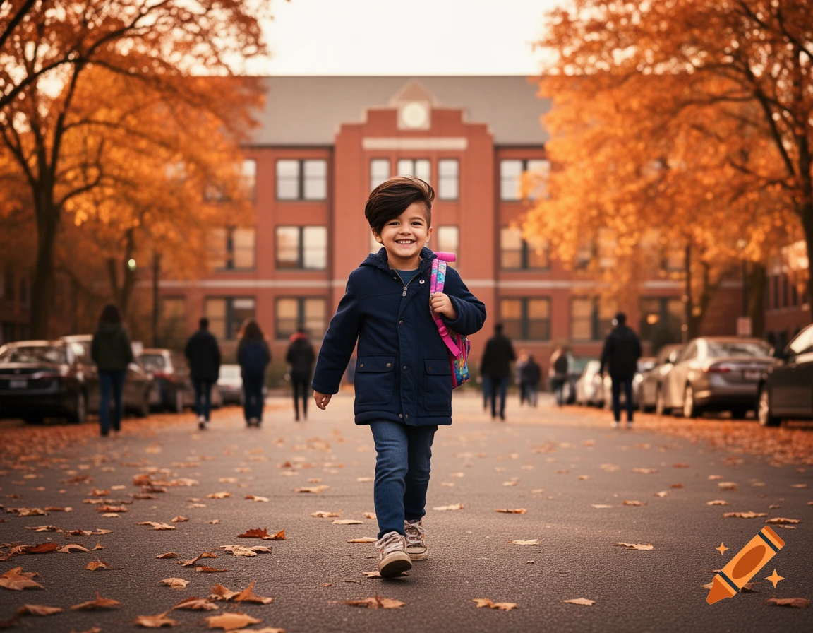 A smiling young boy with dark hair and a pink backpack walks on an autumn street with fallen leaves, a red brick school building and orange trees in the background.