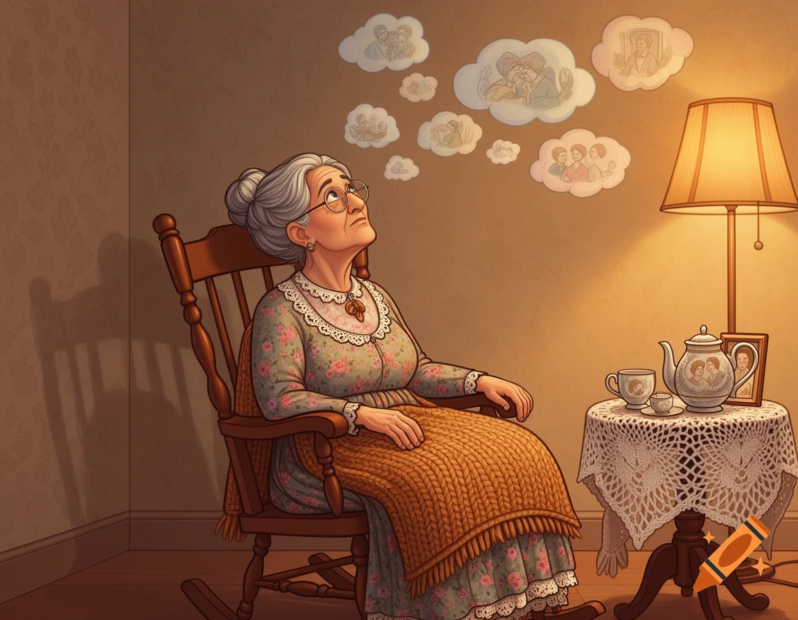 An elderly woman with grey hair sits in a rocking chair, looking up at ...