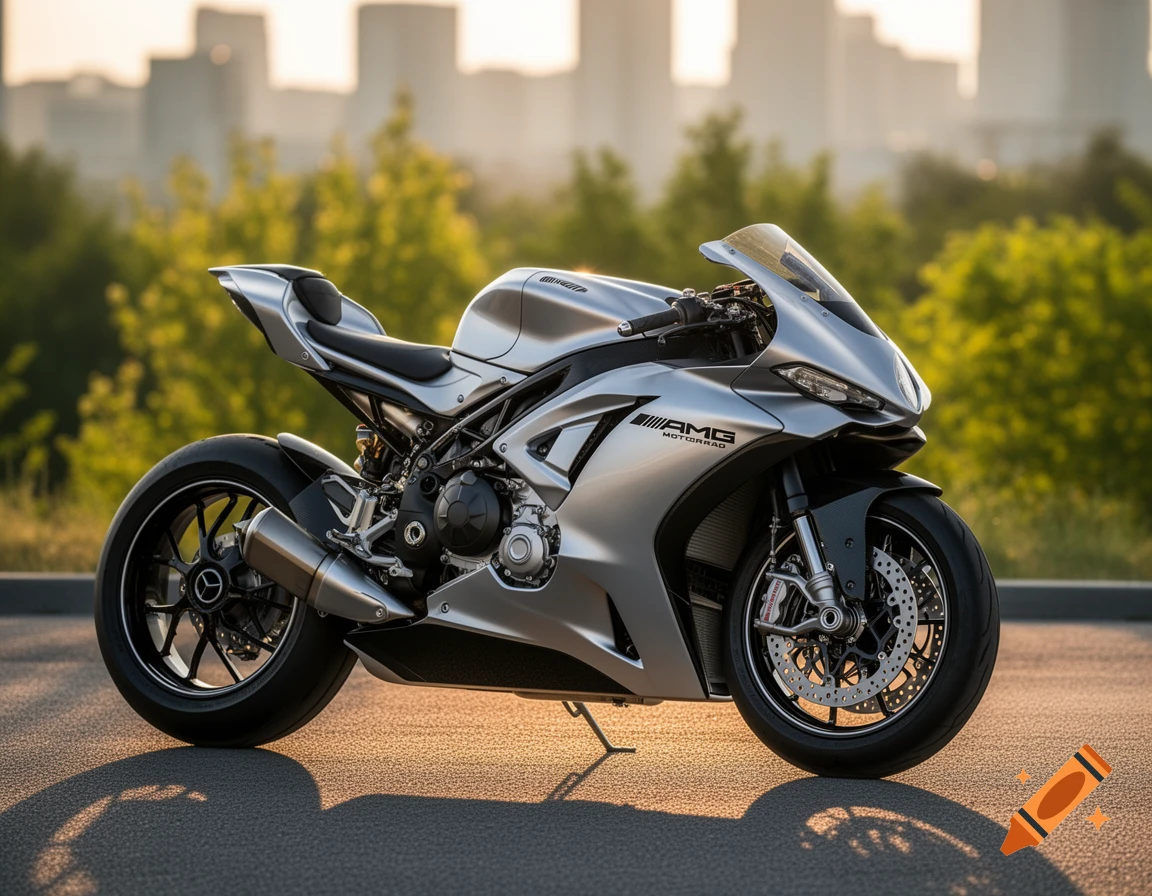 A sleek silver Mercedes AMG Motorrad sports bike is parked outdoors with a blurred city skyline and trees in the background, illuminated by warm sunlight.