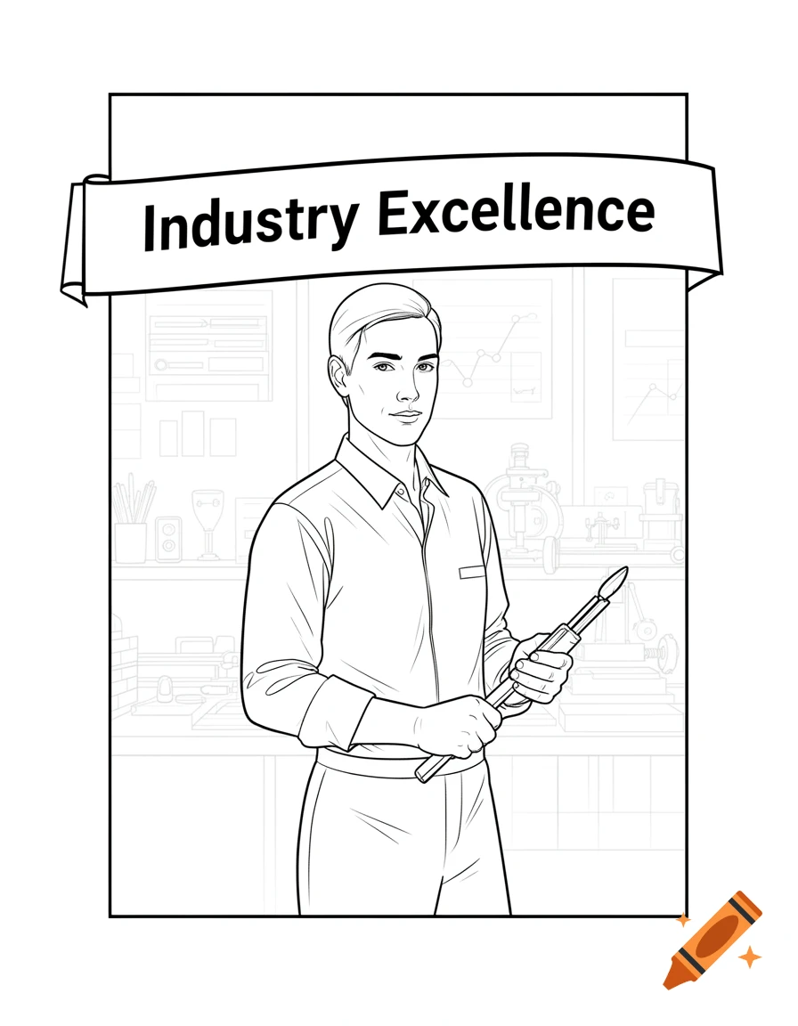 Line art of a man holding a tool in a workshop with 'Industry Excellence' on a banner.
