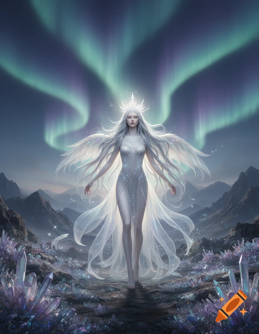 An ethereal woman with long white hair and a sparkling gown stands ...