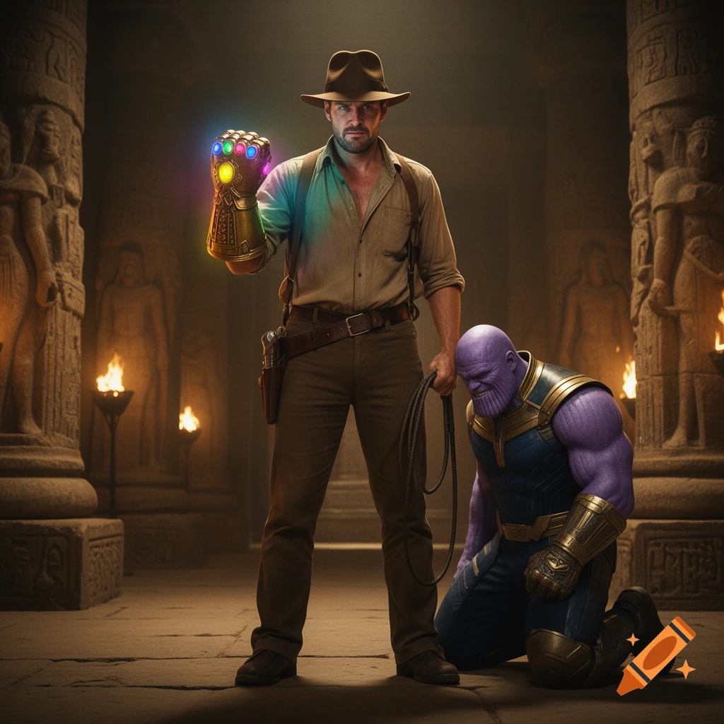 Photorealistic Indiana Jones, with Infinity Gauntlet and bullwhip, stands over a kneeling Thanos in an ancient temple.