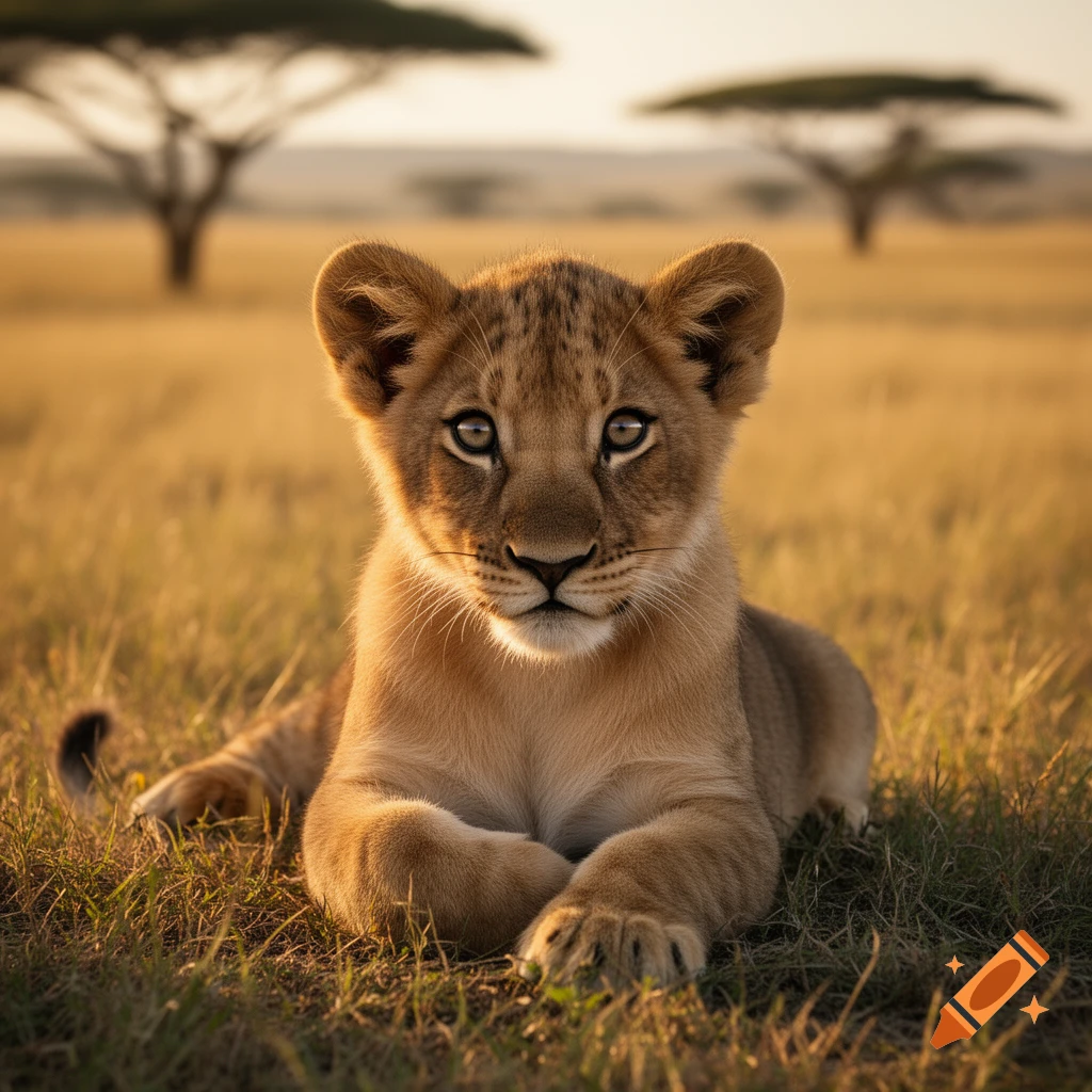 A photorealistic lion cub lies in golden grass, looking forward, with acacia trees in a savannah at sunset.