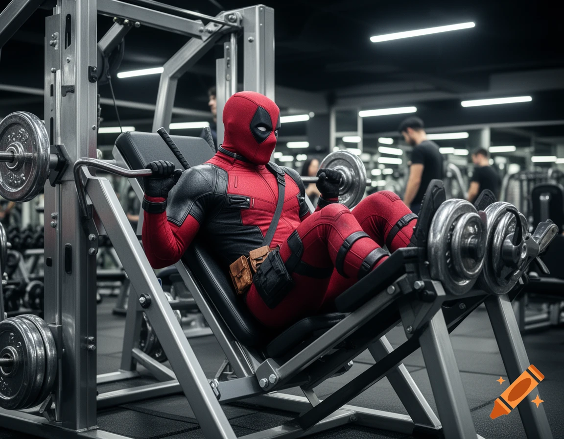 Realistic Deadpool in a red and black suit performing leg presses in a modern gym.
