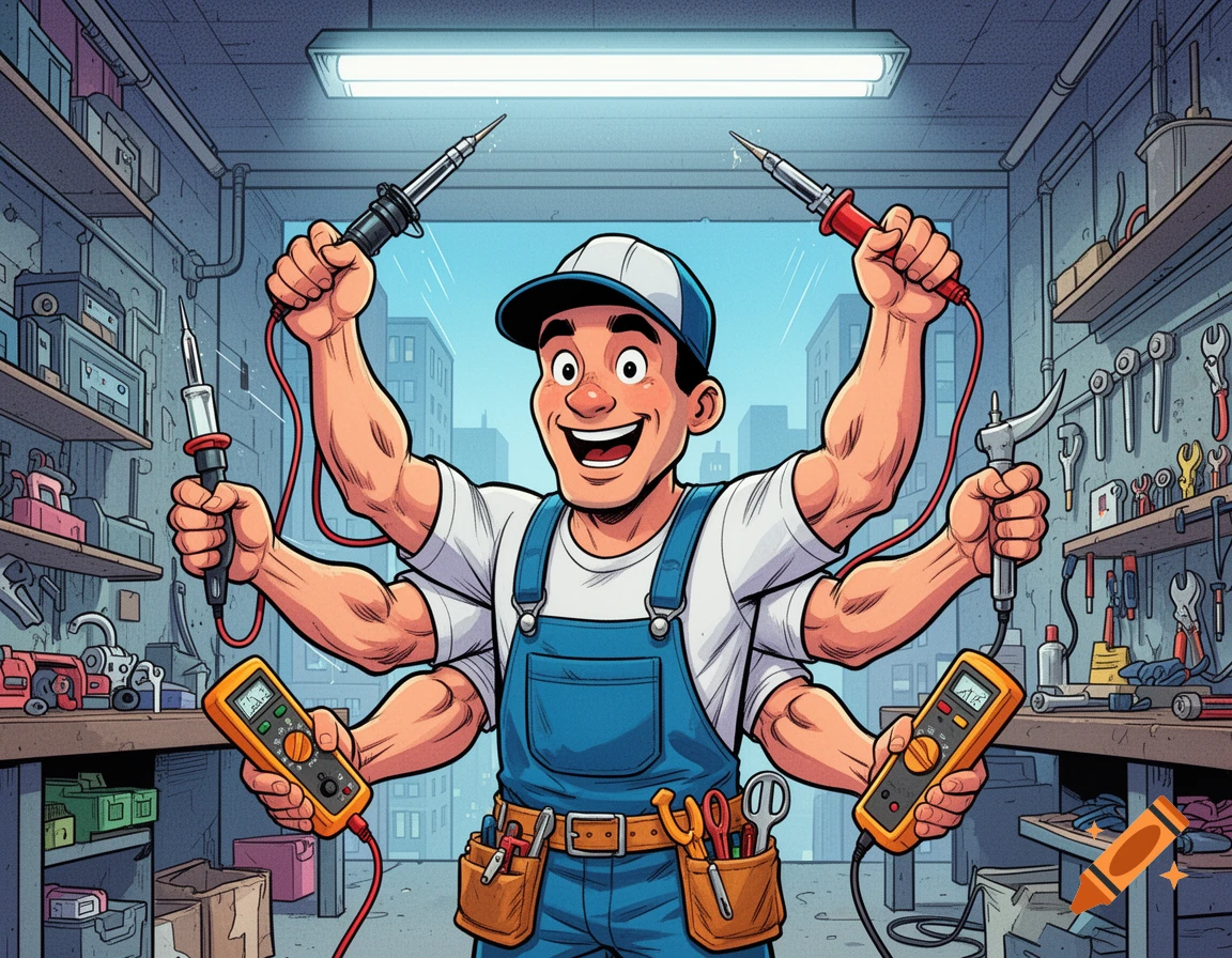 A smiling cartoon handyman with six arms, wearing blue overalls and a cap, holds various electrical tools in a workshop.