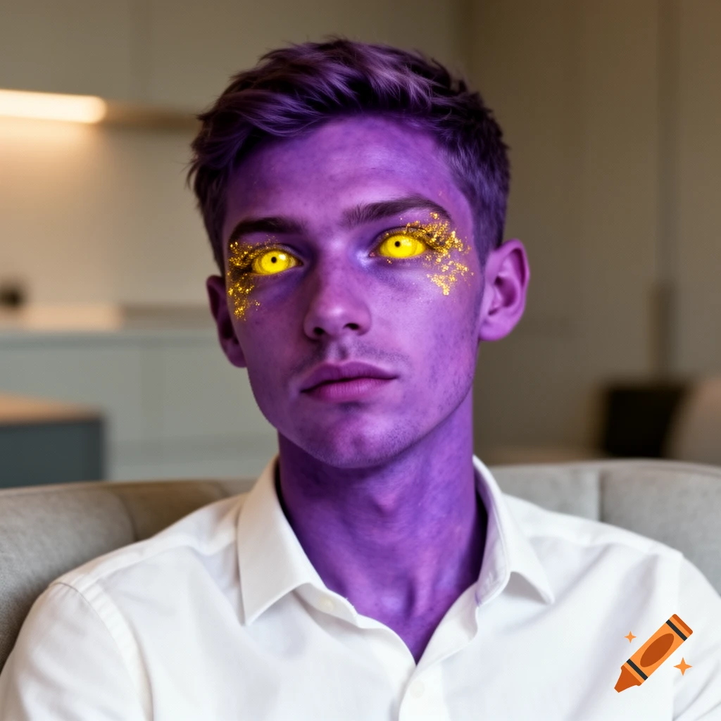 A photorealistic portrait of a young man with purple skin, bright ...
