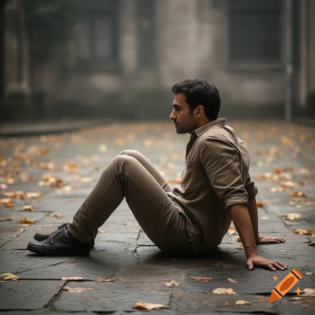 A man in a brown outfit sits on a wet, leaf-strewn paved street, looking sideways in a misty outdoor scene.