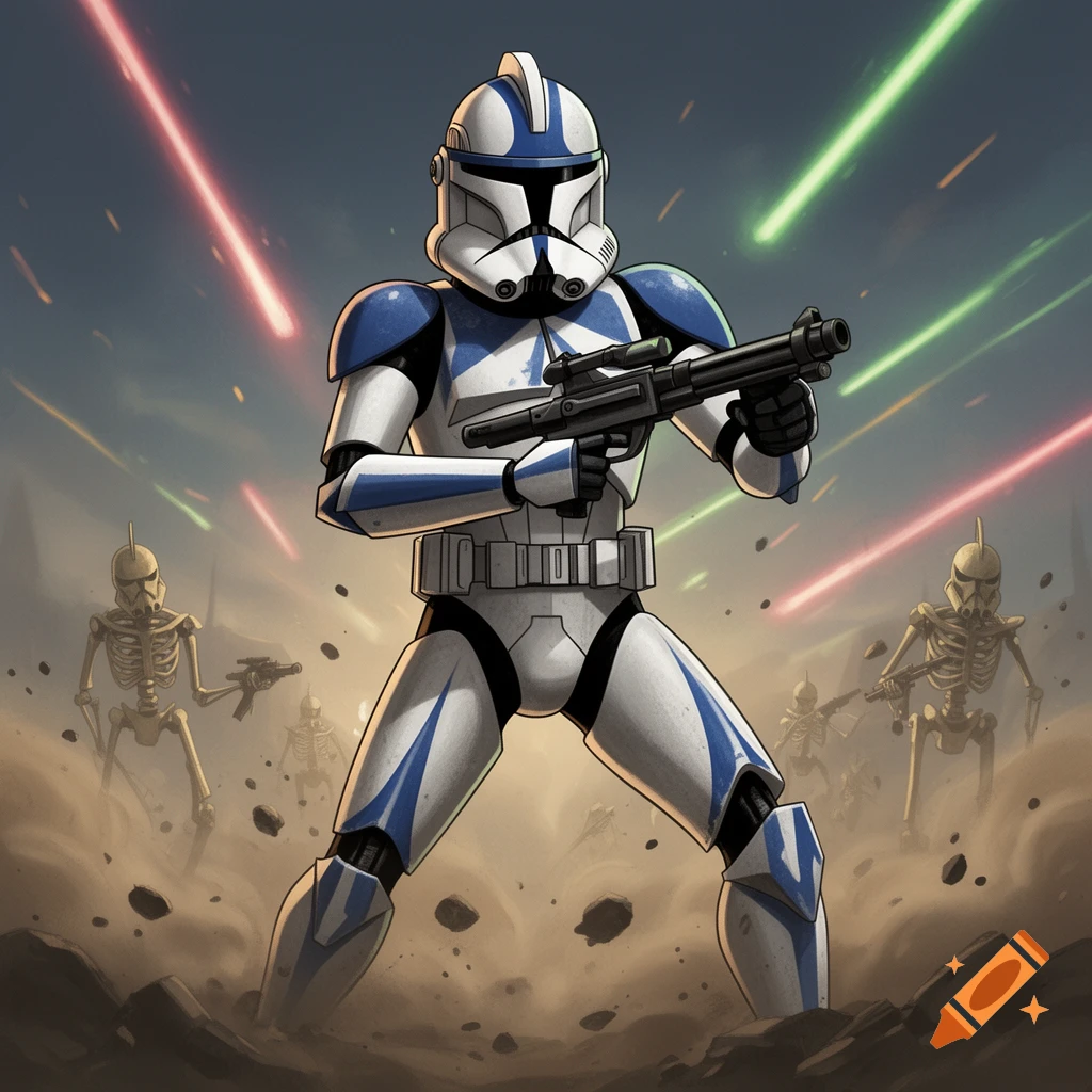 A blue and white Star Wars Clone Trooper aims a blaster in a desert battle against skeletal droids amidst laser fire, animated style.
