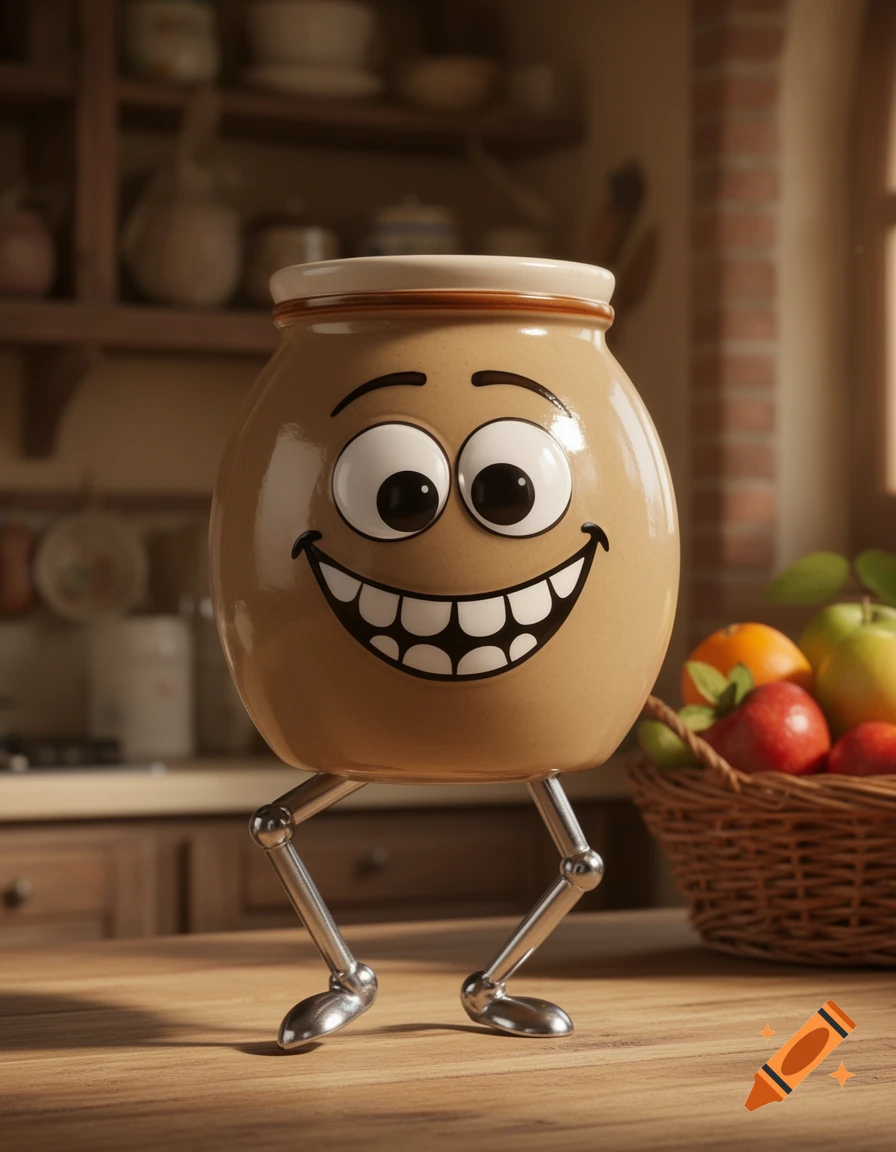 A smiling, anthropomorphic food jar with googly eyes and metal legs on a wooden kitchen counter, next to a fruit basket, in a 3D animated style.