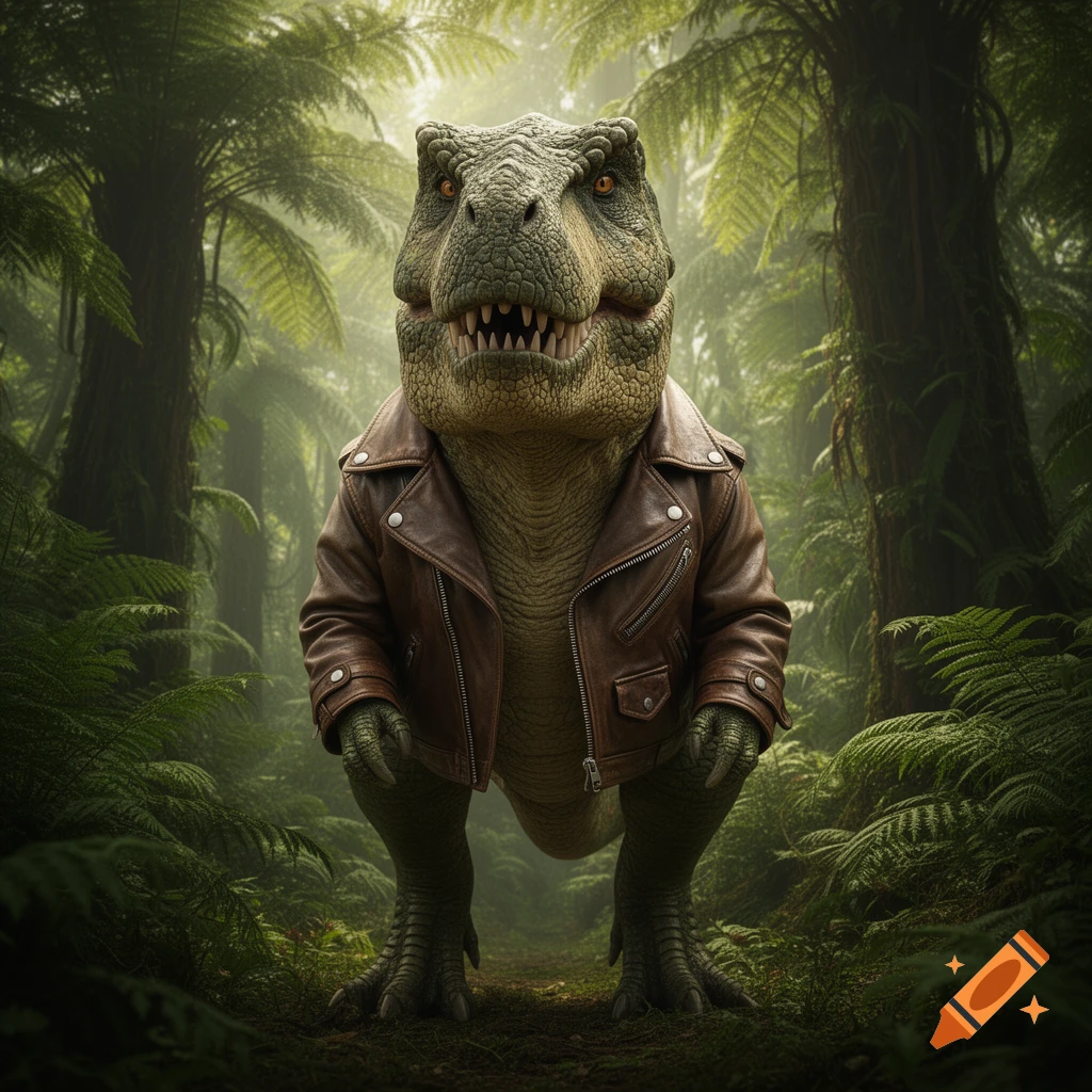 A photorealistic T-Rex wearing a brown leather jacket stands on a path in a lush, misty jungle.