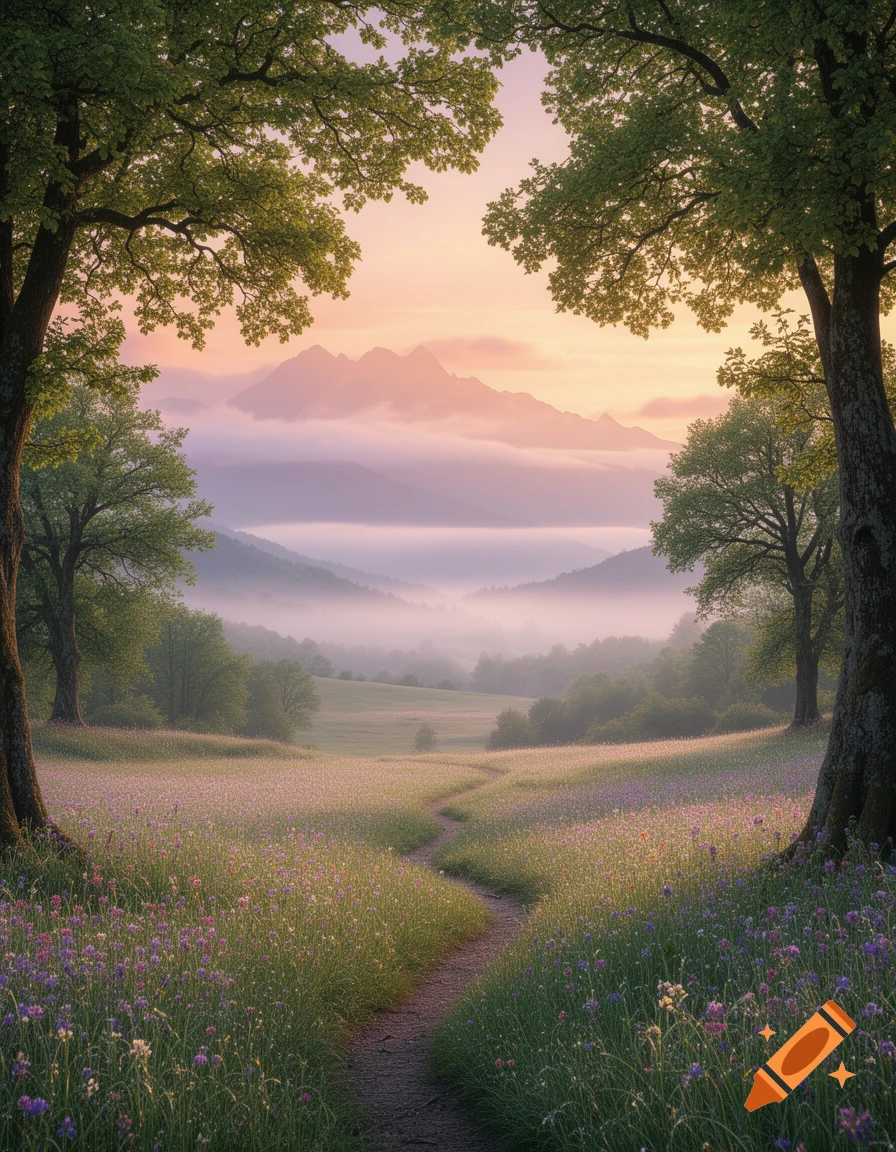 A winding path through a vibrant field of purple wildflowers leading to misty mountains at sunset, framed by lush trees.