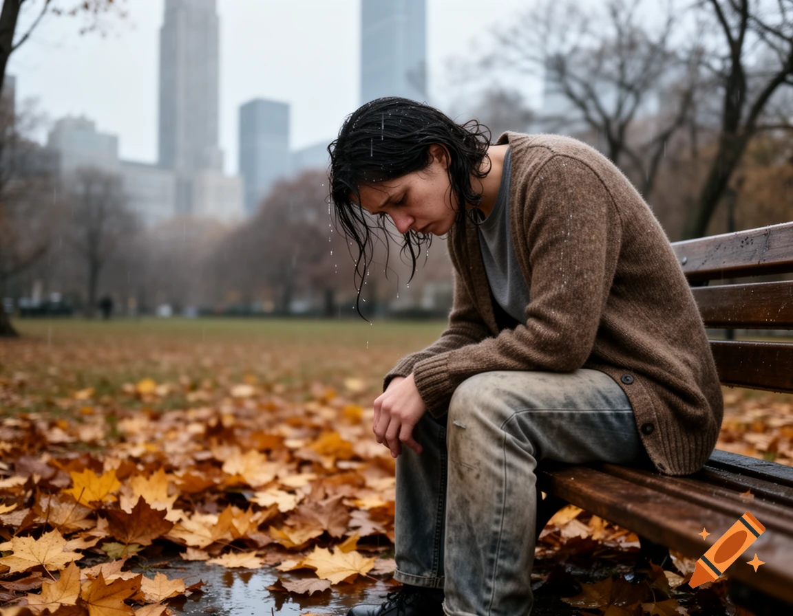 A sad person with wet hair sits slumped on a park bench covered in fallen leaves during a rainy, overcast day in a city.