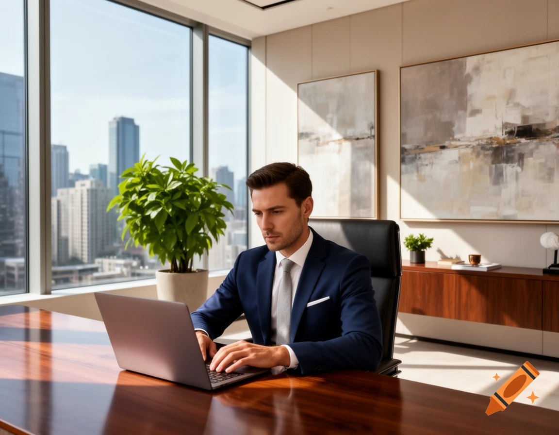 A man in a suit works on a laptop at a polished desk in a modern office with a city view.