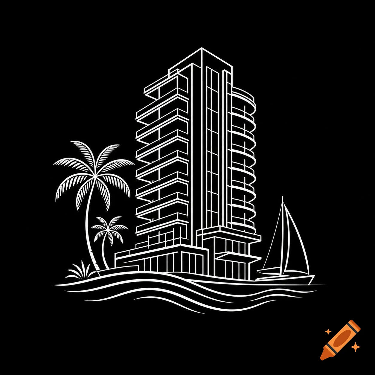 White line art icon of a modern high-rise condo building with palm trees and a sailboat on a black background.
