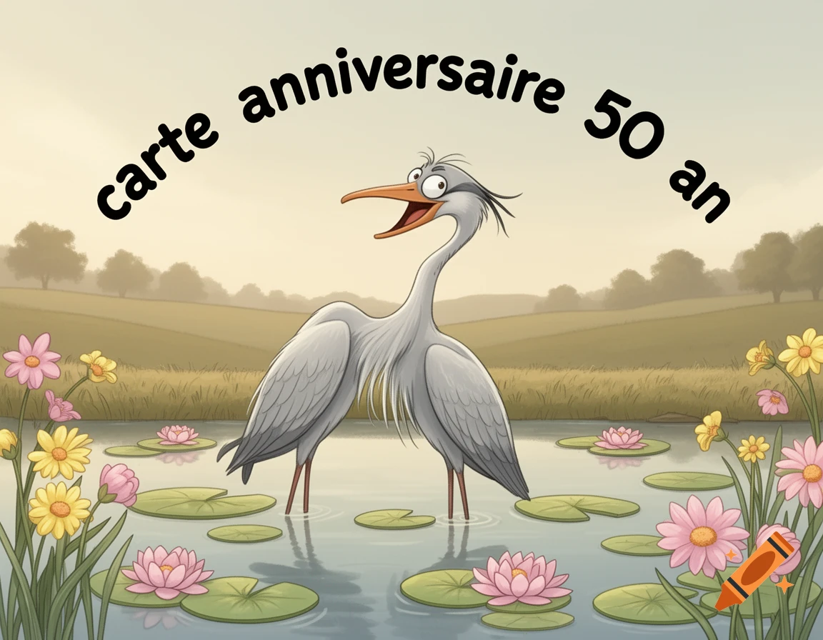 Cartoon illustration of a gray heron standing in a pond with lily pads and flowers, with the text 'carte anniversaire 50 an' arching above.