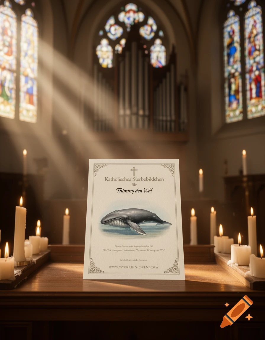 A memorial card for a whale named Thimmy on a wooden altar, surrounded by lit candles in a church with stained glass windows and sunbeams filtering through.