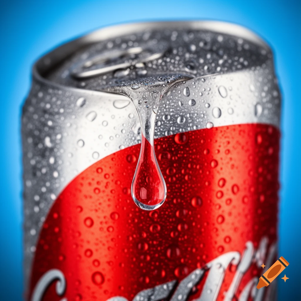 Close-up, photorealistic image of a sweating, red and silver soda can with a large drip of water forming a tear-like shape, against a blue background.