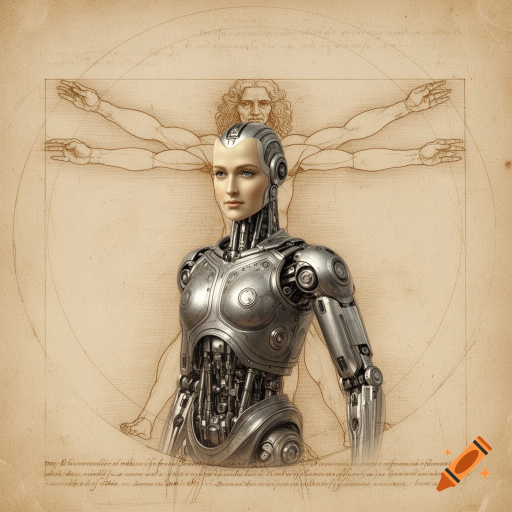A silver, human-like robot with a female face stands against a sepia-toned background resembling Leonardo da Vinci's Vitruvian Man sketch.