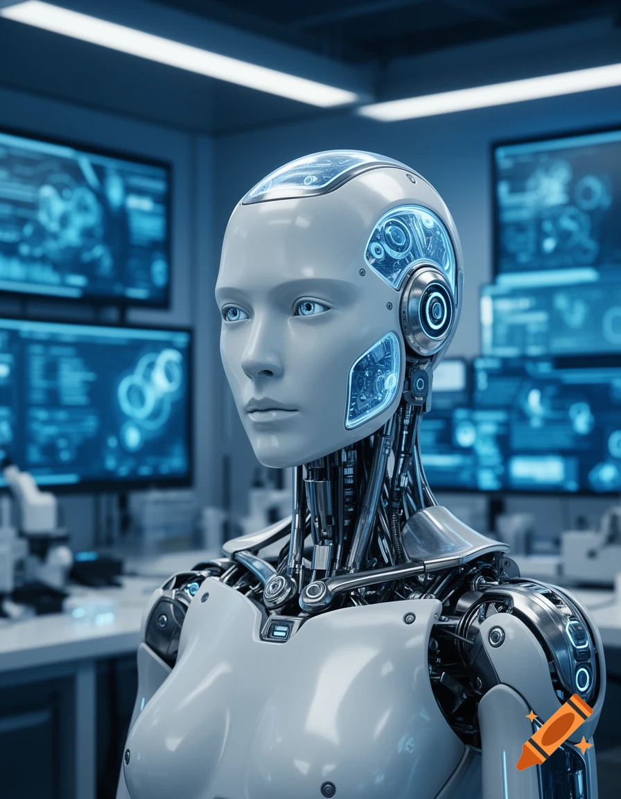 A photorealistic humanoid robot with visible internal parts stands in a futuristic blue-lit lab with glowing screens.