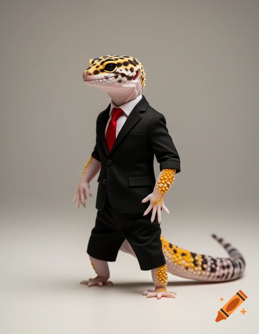 A photorealistic leopard gecko stands upright on two legs, wearing a black suit and red tie, against a gray background.