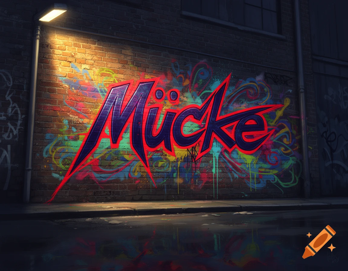 Vibrant graffiti of the word 'Mücke' on a brick wall, illuminated by a street light at night.