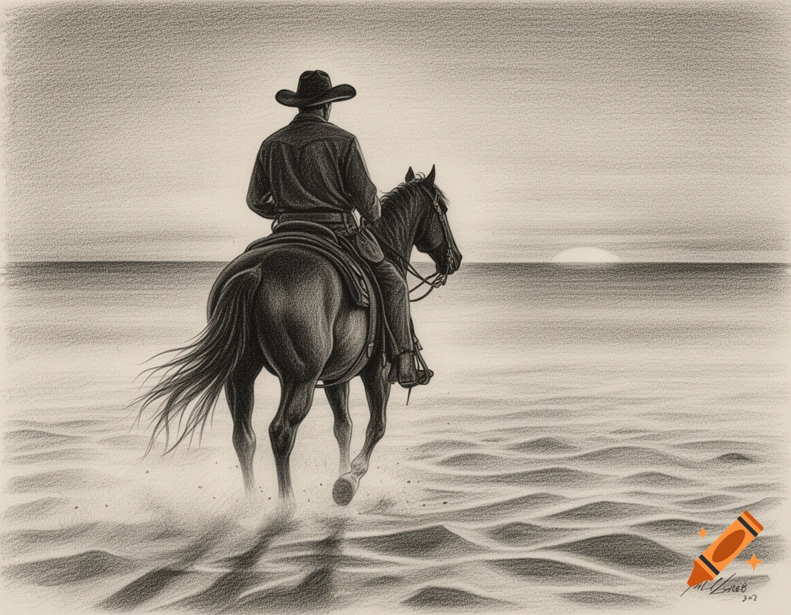 Pencil sketch of a cowboy on horseback, seen from the rear, riding into the sunset across a wavy landscape.