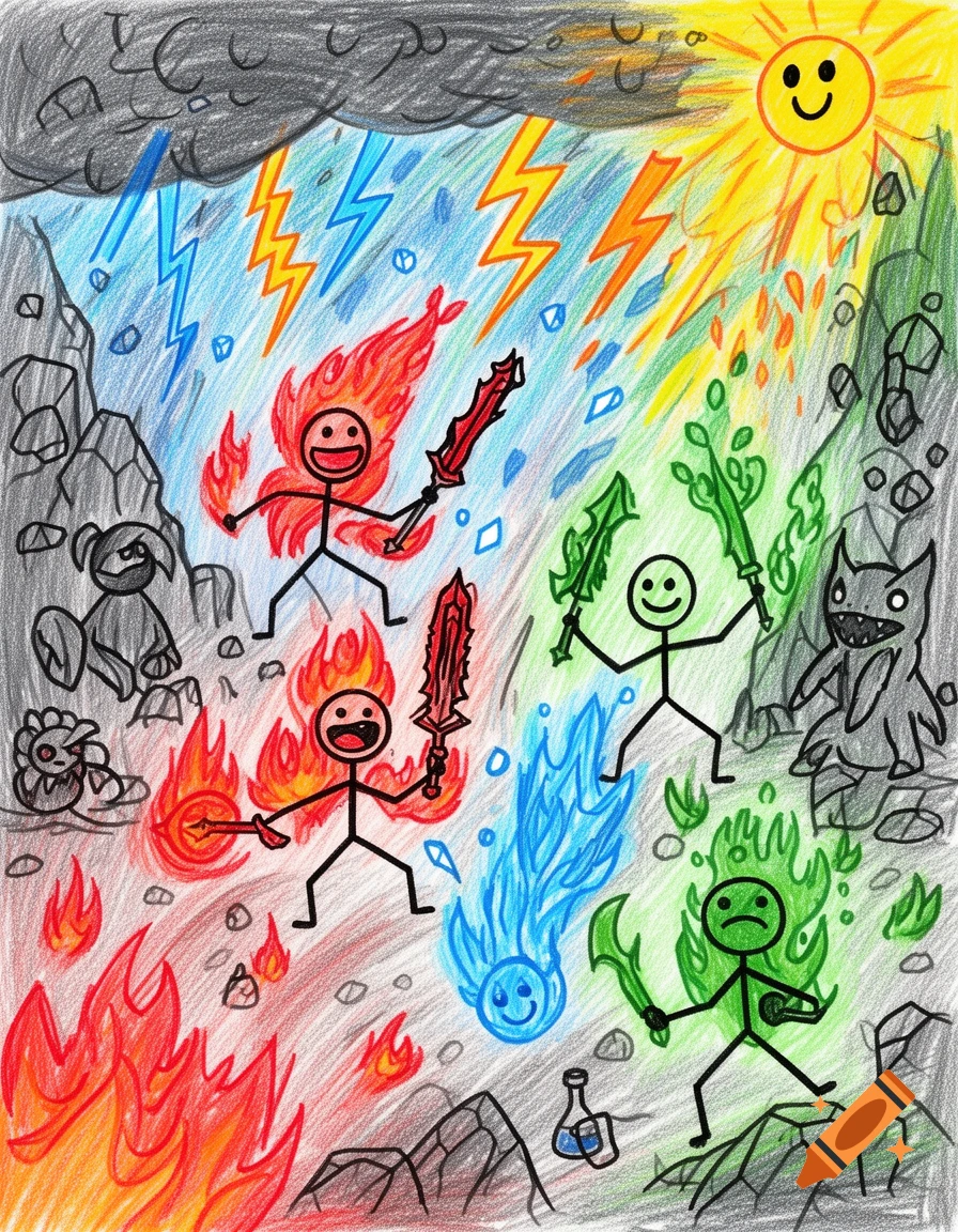 A colorful child's stick drawing of a fantasy combat scene, featuring stick figures with elemental powers and swords fighting monsters.