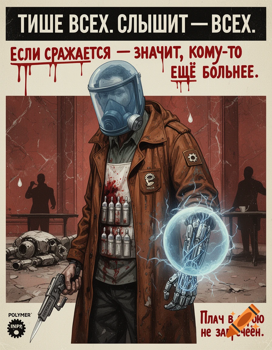 A retro-futuristic propaganda poster of a man in a gas mask and a blood-stained coat, with a mechanical arm holding a glowing energy sphere and a knife-gun, standing in a broken red marble hall. Stylized text in Russian is present throughout the poster.