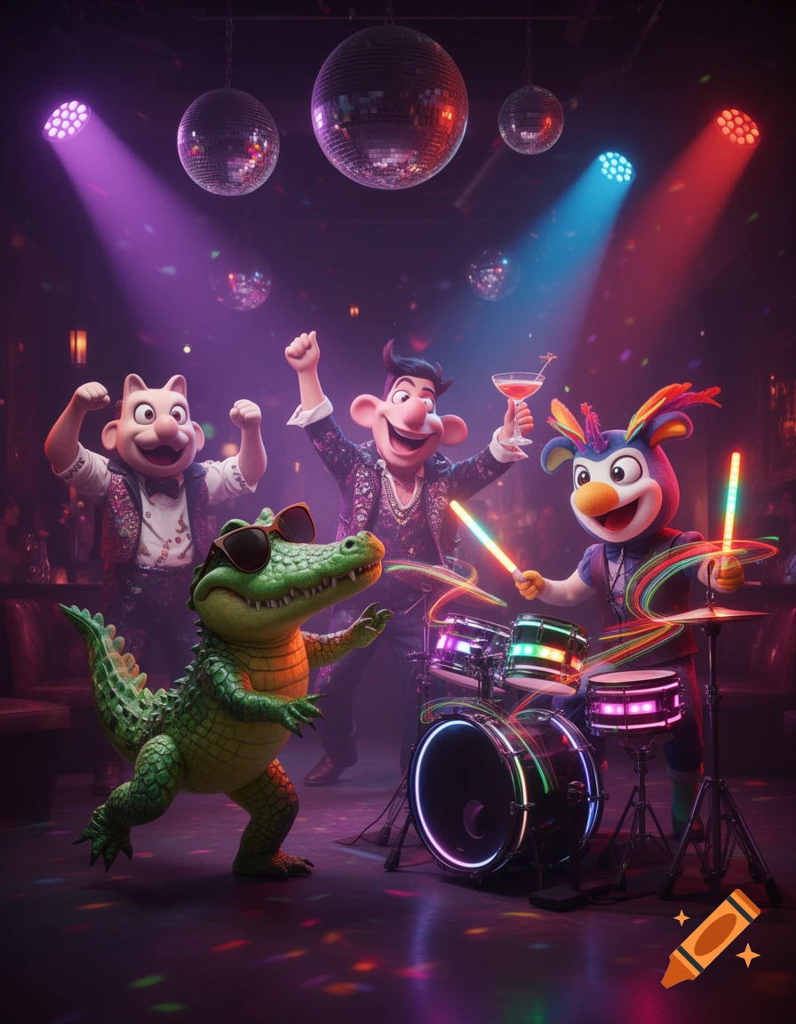 A cartoon crocodile in sunglasses, a cat-like character, a man, and a bird drummer party in a vibrant disco with colorful lights and disco balls.