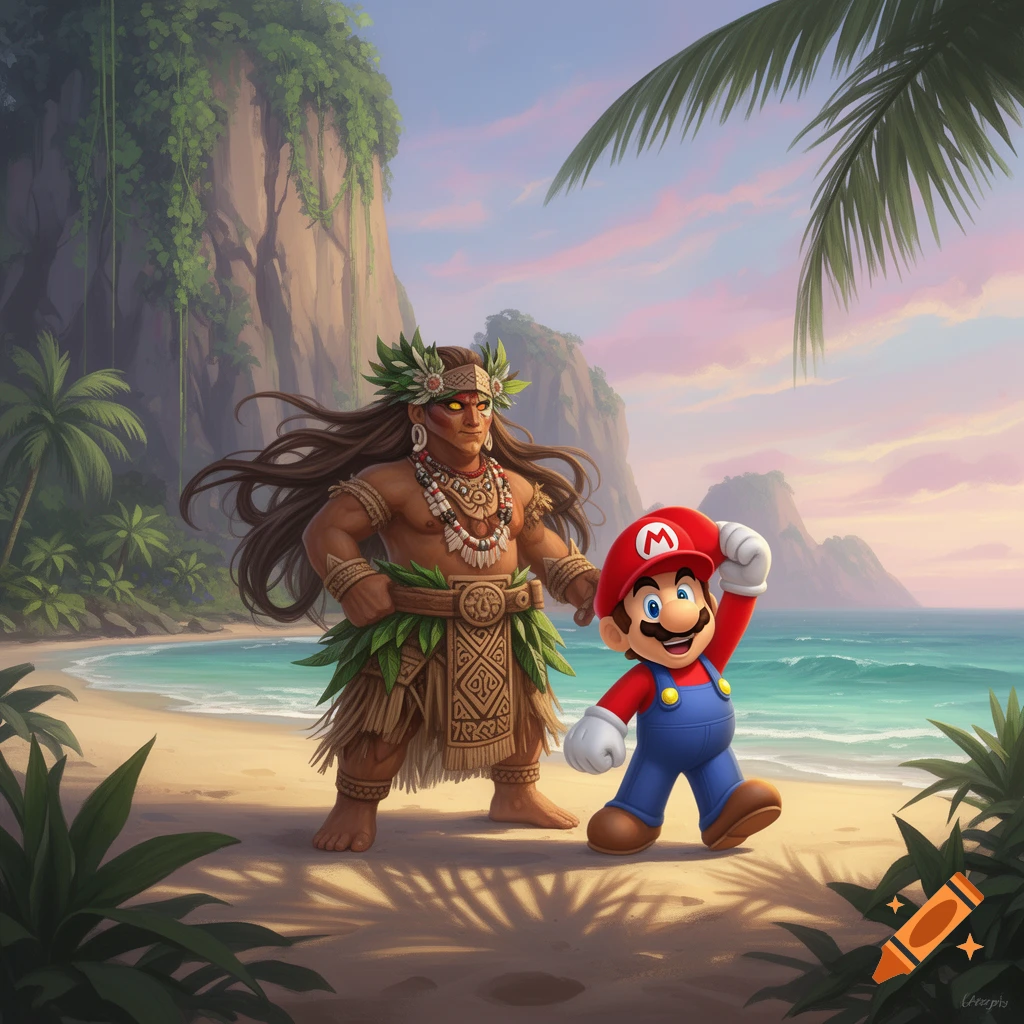 A cartoon Mario and a muscular man in traditional attire stand on a sandy tropical beach with cliffs, palm trees, and ocean.
