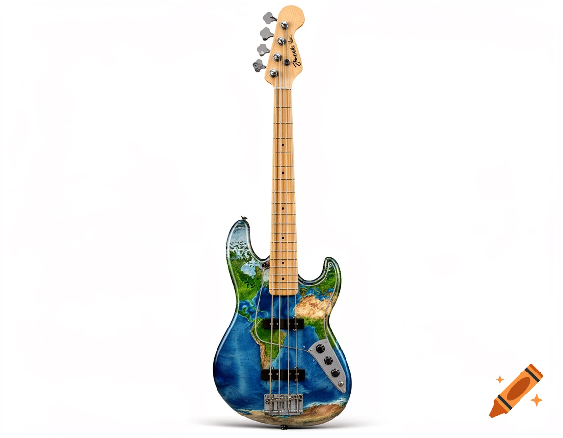 A photorealistic four-string bass guitar with a world map design on its body, set against a solid white background.