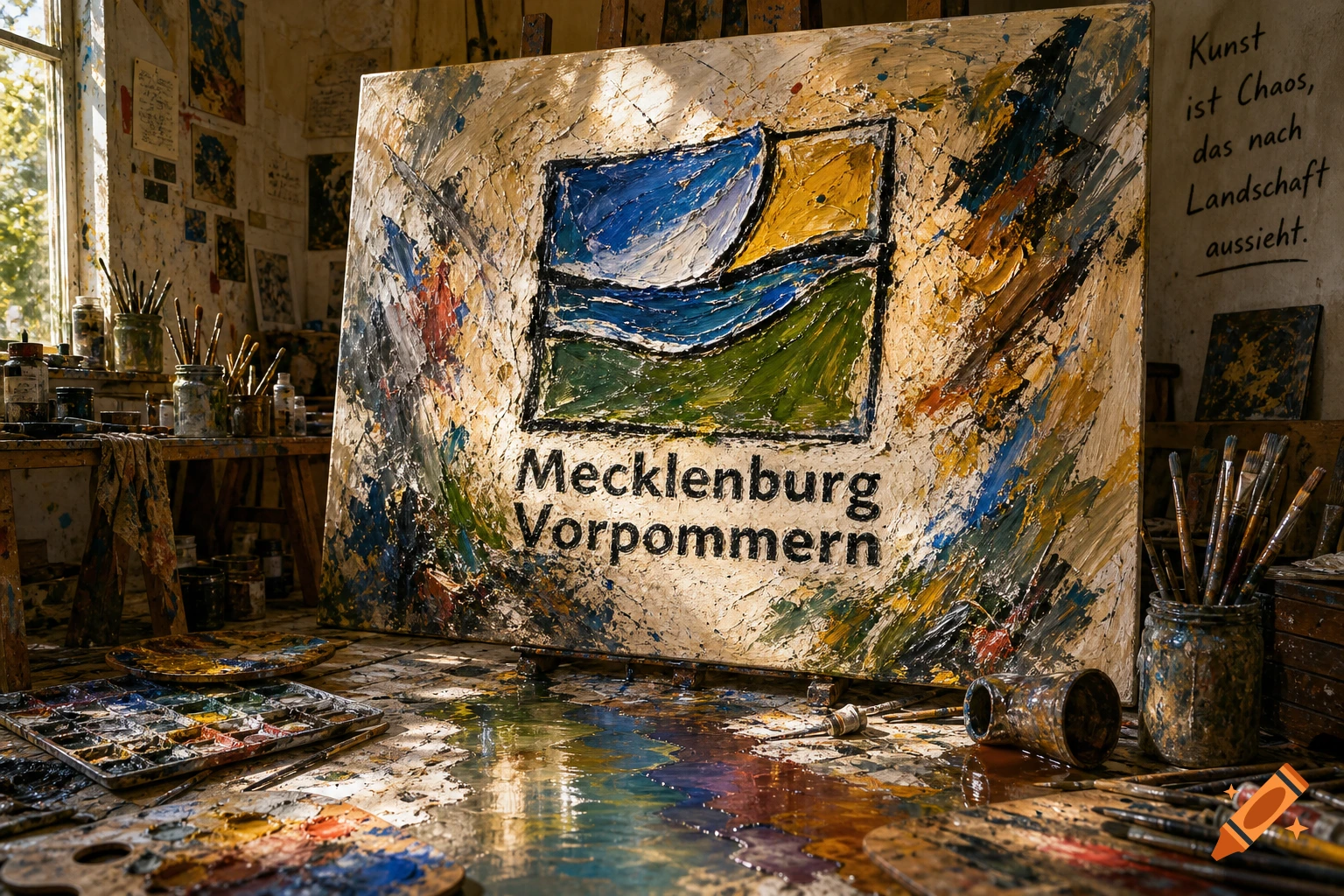 A textured painting of the Mecklenburg-Vorpommern logo stands in a messy, sunlit art studio with paint palettes and brushes.
