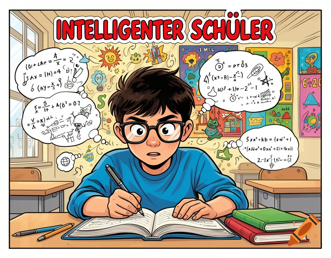A comic-style illustration of a boy with glasses studying diligently at a desk, surrounded by thought bubbles filled with complex, garbled mathematical equations and diagrams. The title reads "INTELLIGENTER SCHÜLER" (Intelligent Student).