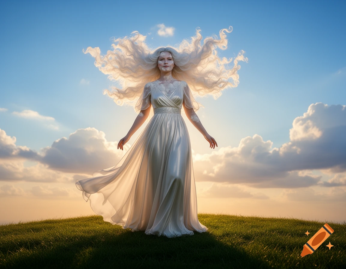 A woman with ethereal cloud-like white hair and a flowing white dress stands on a grassy hill under a bright sky with clouds at sunrise.