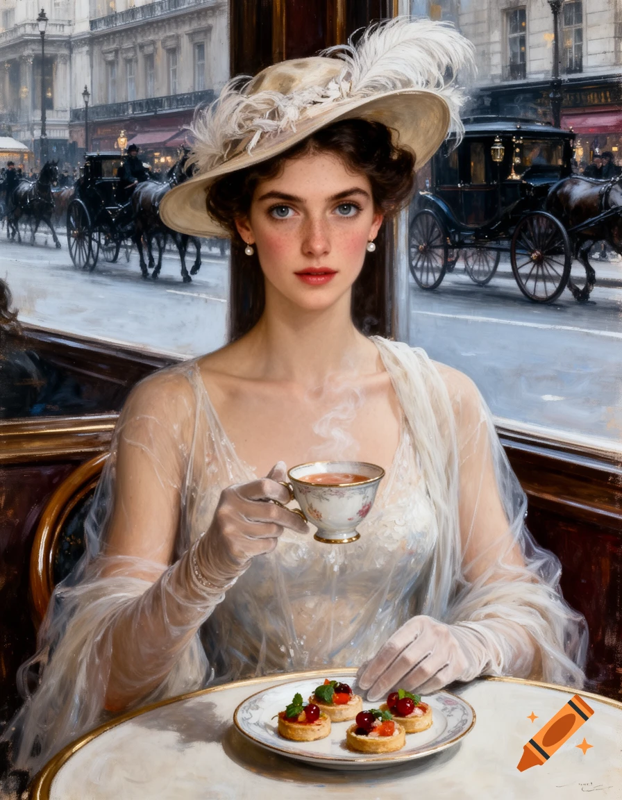 A young woman in a feathered hat and sheer gown sips tea at an outdoor cafe table in a 1910s city street oil painting.
