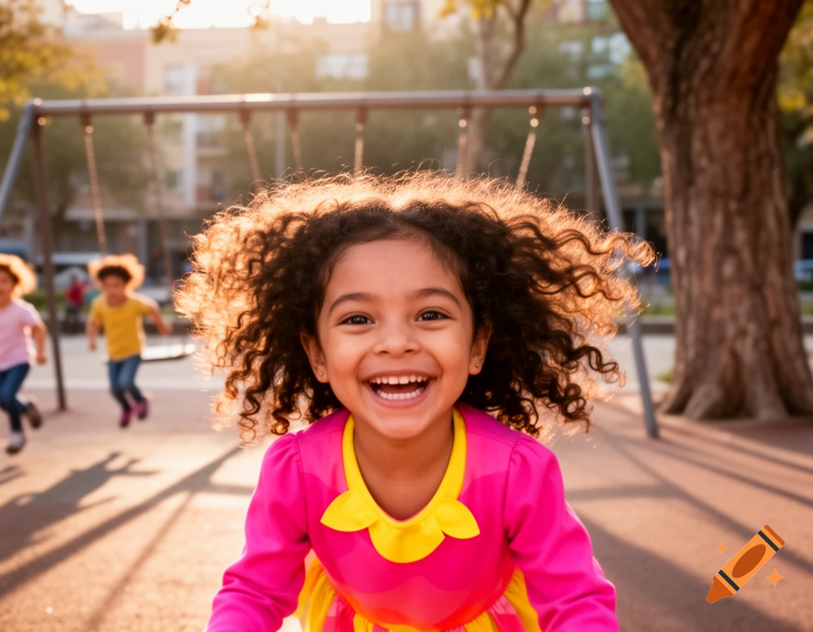 A joyful child with curly hair and a wide smile plays in a sunny park. Other children and swings are blurred in the background.