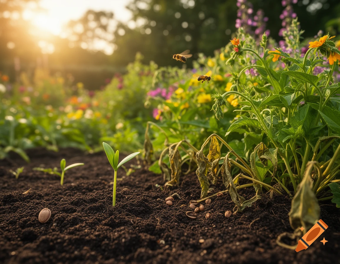 Photorealistic garden scene at sunset with new plant sprouts in dark soil, wilting plants, and bees flying among colorful flowers in the background.
