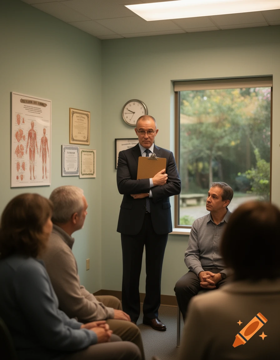 A doctor in a suit with a clipboard stands before a seated group of adults in a medical office, with anatomical charts on the wall.