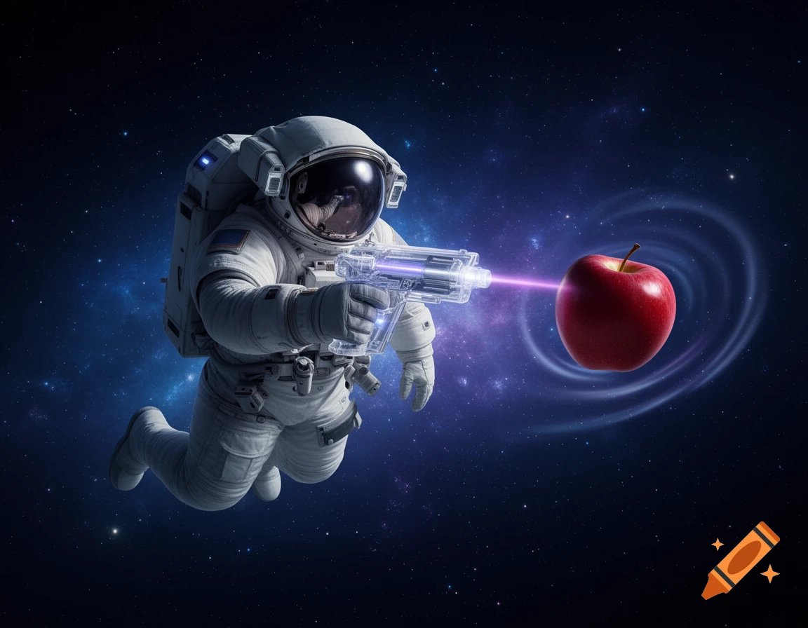 Astronaut in a spacesuit aims a glowing laser gun at a red apple floating in deep space amidst stars and nebulae.