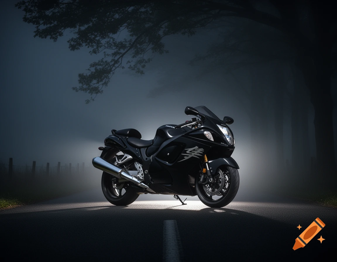 Photorealistic black Suzuki Hayabusa motorcycle parked on a dark, foggy country road beneath a tree.